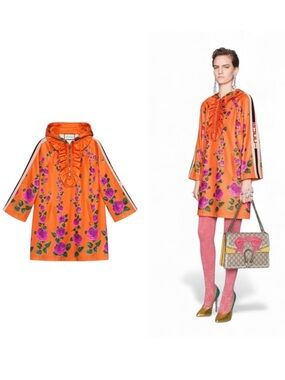 Gucci Orange Pink Mini Dress Floral Hooded Oversized XXS Resort Party Stripe 🟡